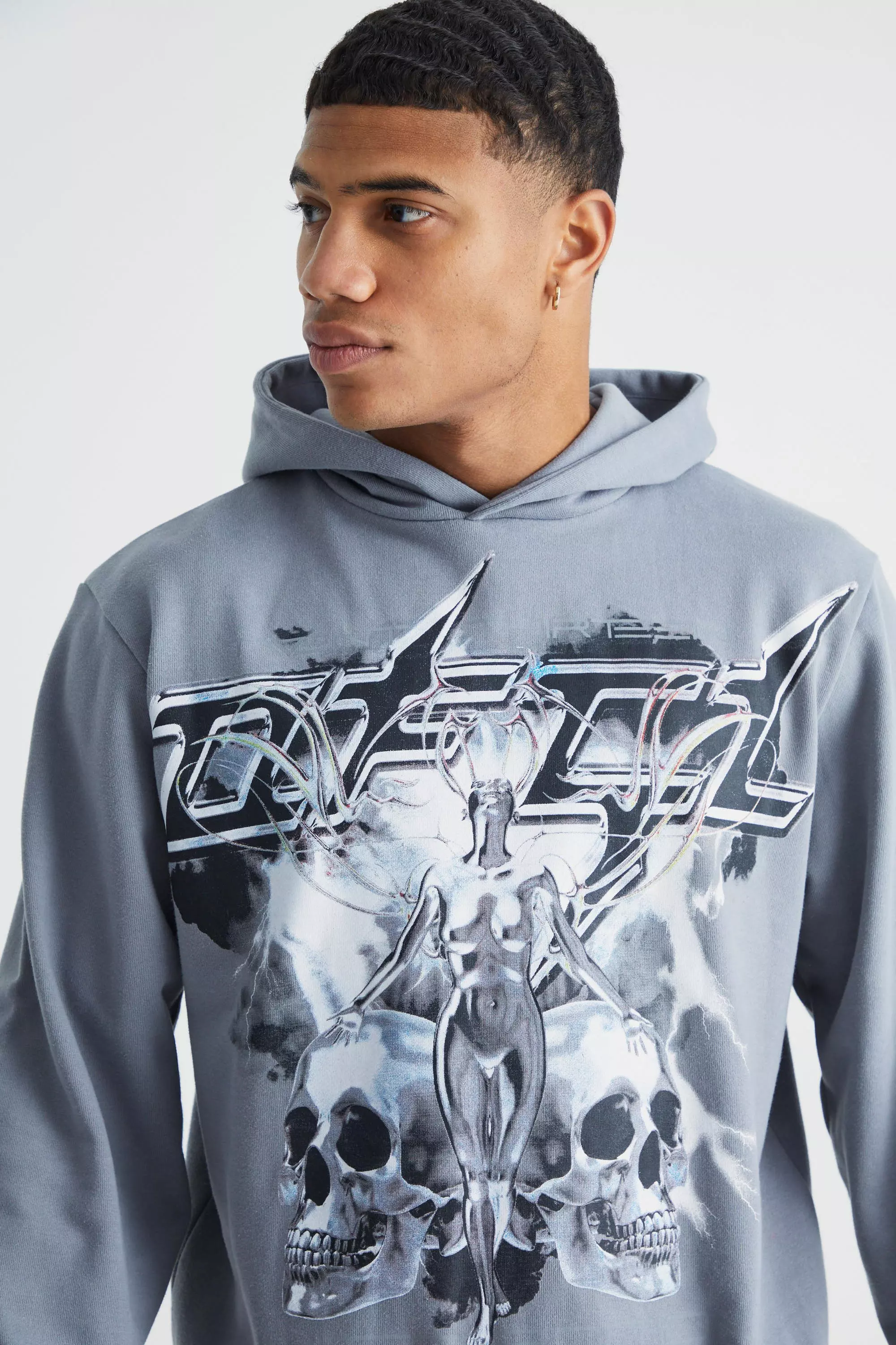 Boxy Fit Heavyweight Skull Graphic Hoodie | boohooMAN USA